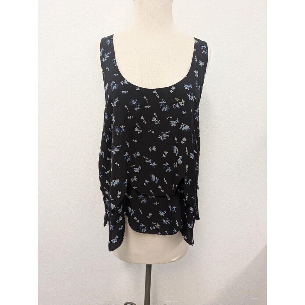 Joie Black Floral Print Scallop Tiered 100% Silk Tank Top sz L Coquette Whimsy